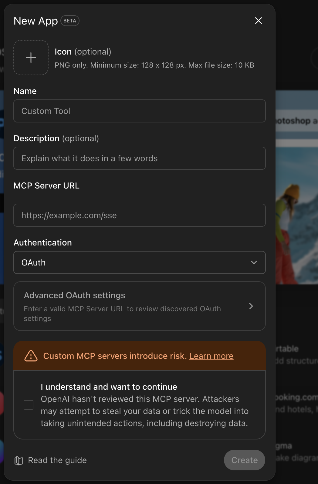 ChatGPT's Add a custom MCP form with the Tandom URL filled in.