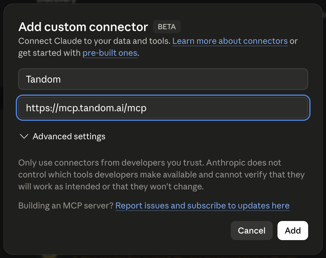 Claude's Add custom connector dialog with the Tandom MCP URL filled in.